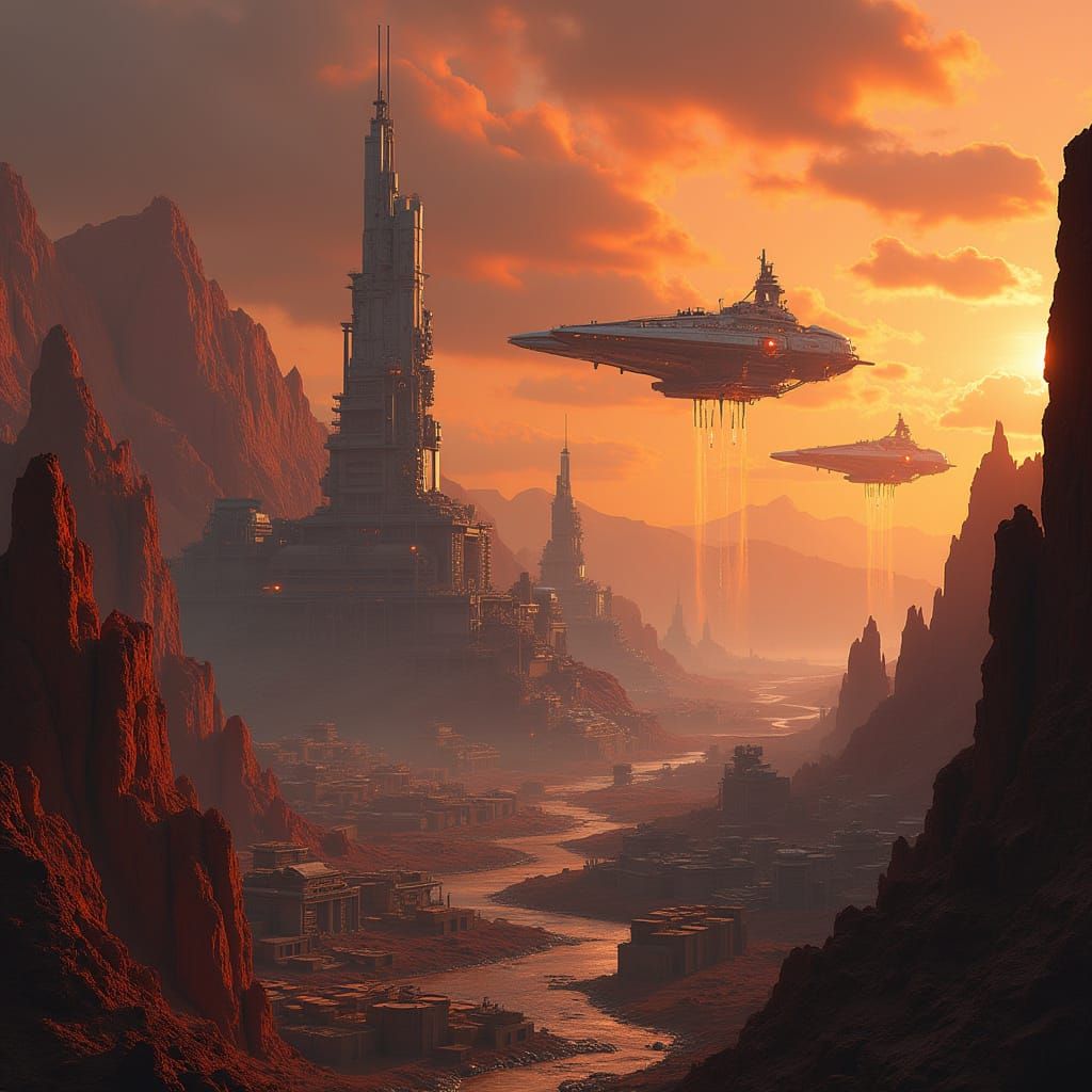 Cyberpunk Industrial Cityscape Under a Burning Orange Sky