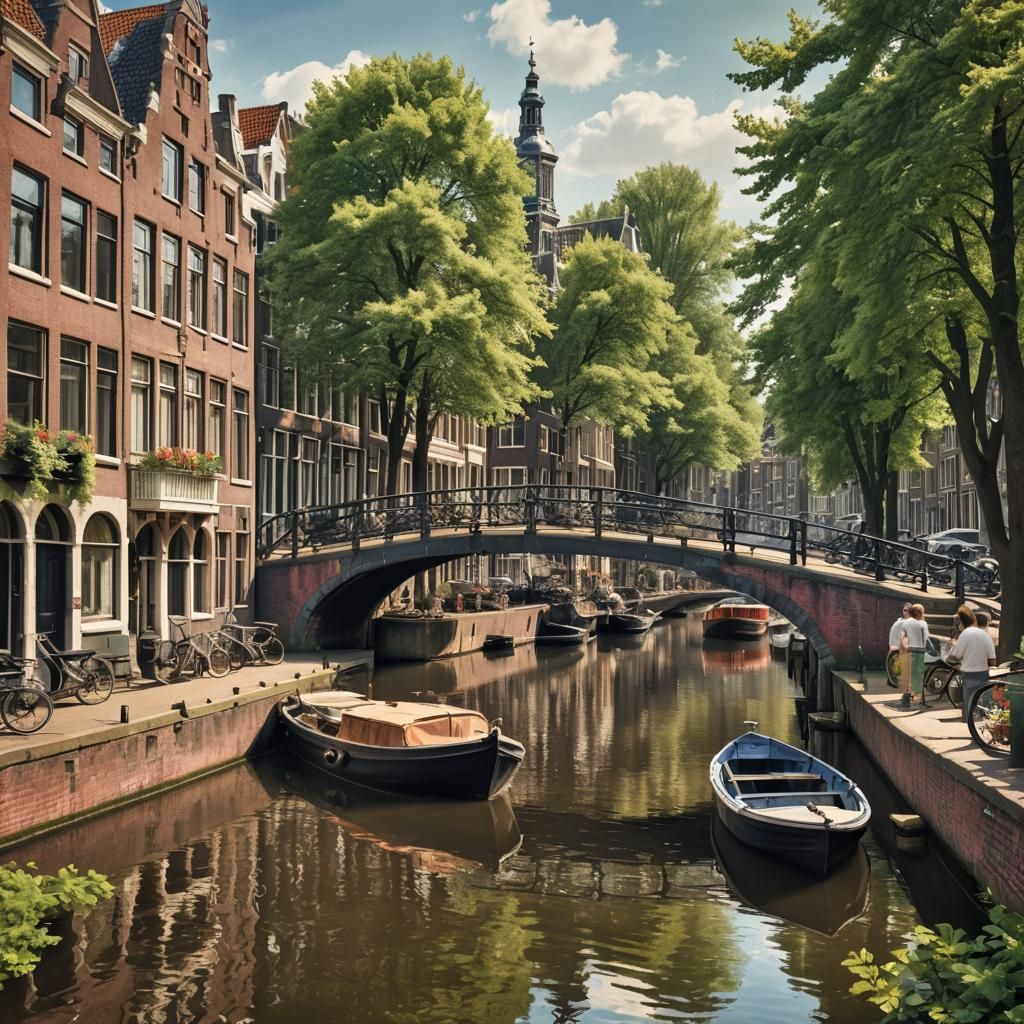 Victorian Amsterdam Canal Scene with Boat and Bridge