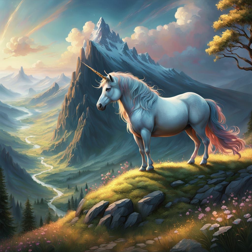 Lone Unicorn Overlooking Summer Valley: Oil Painting