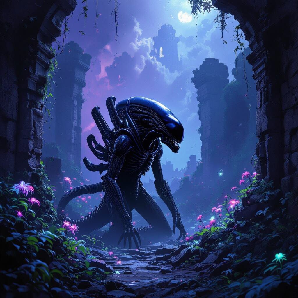 Xenomorph in Bioluminescent Ruins, Surreal Horror Style