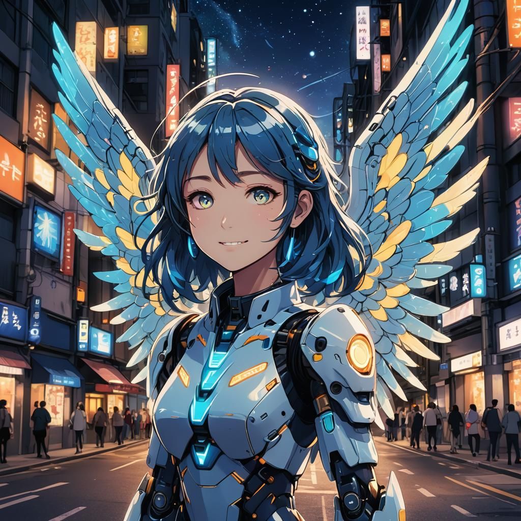 Cute Anime Robot Angel in Neon City Night