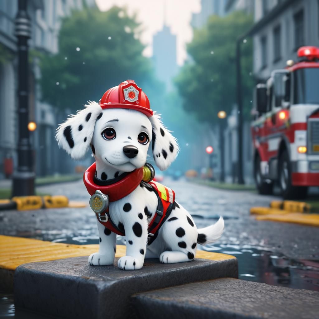 Cute Dalmatian Firefighter Puppy Portrait in Chibi Style