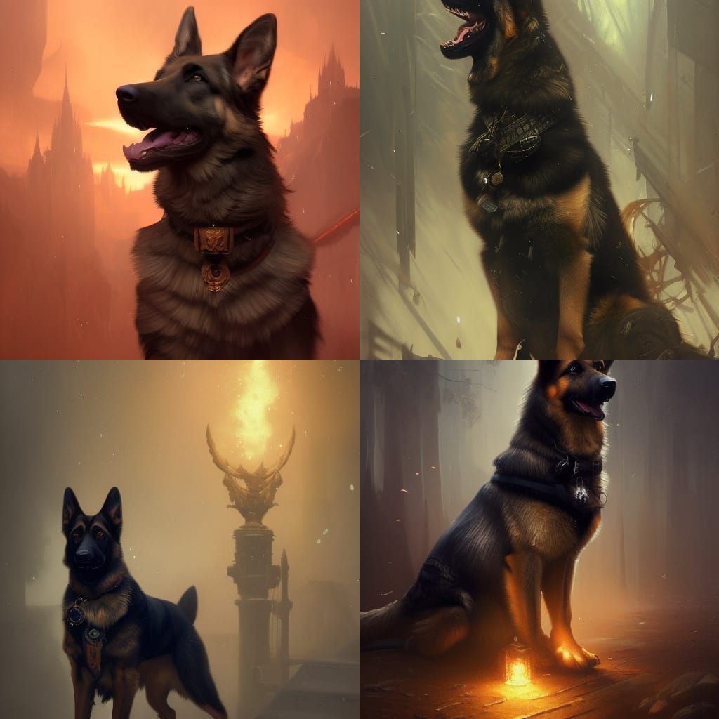 Hyperdetailed German Shepherd in Dark Fantasy Style