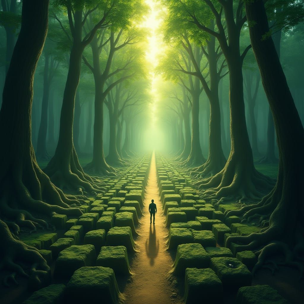 Forest Labyrinth with Lone Figure: A Mystical Journey