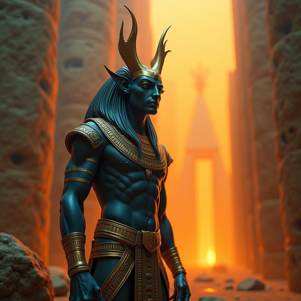 Egyptian God Ra in Dystopian Cyberpunk Landscape