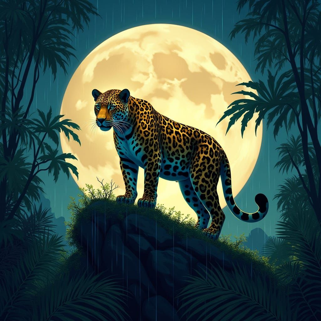 Jaguar on Rainforest Hill Under Moonlight