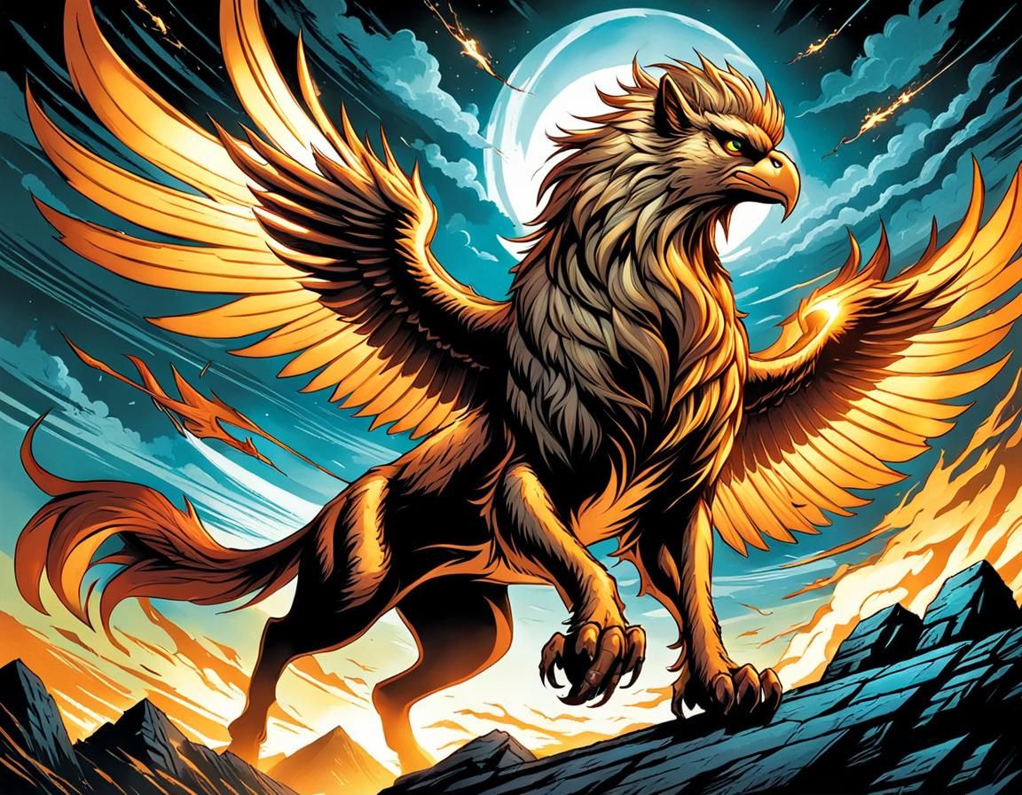 Gryphon in Flight: Comic Book Style Illustration
