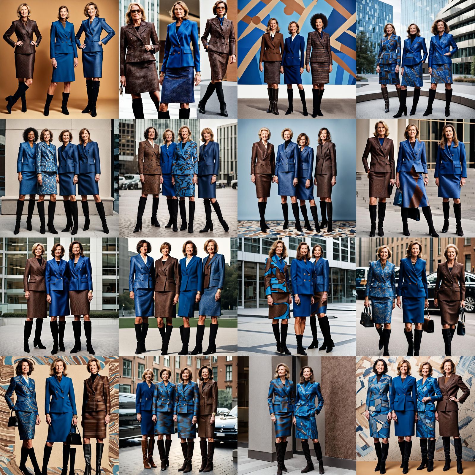 Businesswomen in Blue and Brown Skirt Suits
