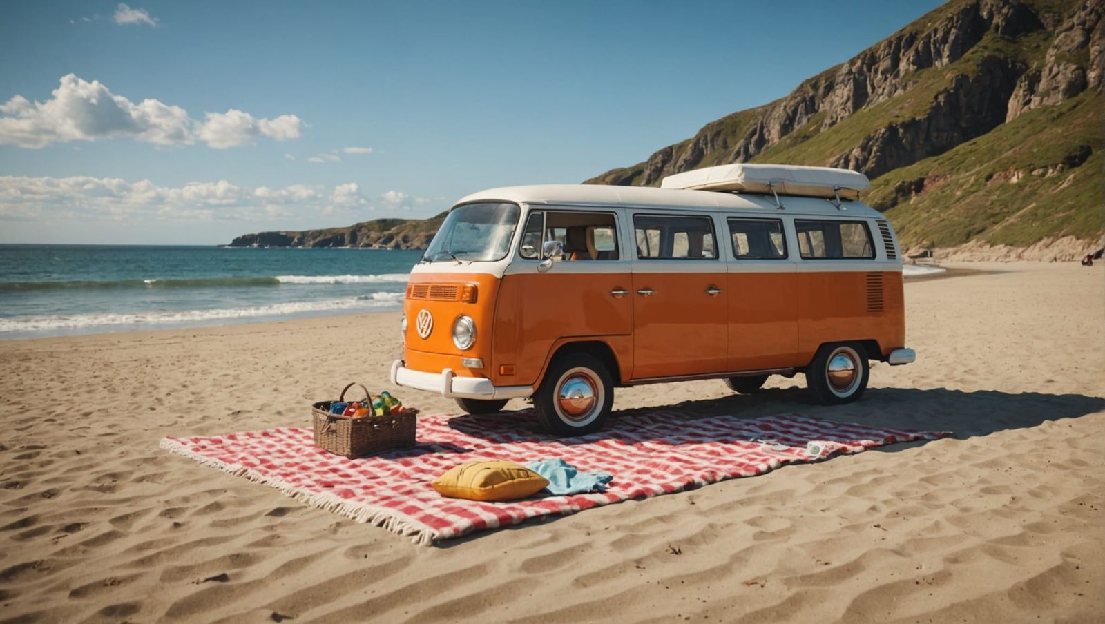 Orange VW Camper Van Beach Picnic in Hyperrealism