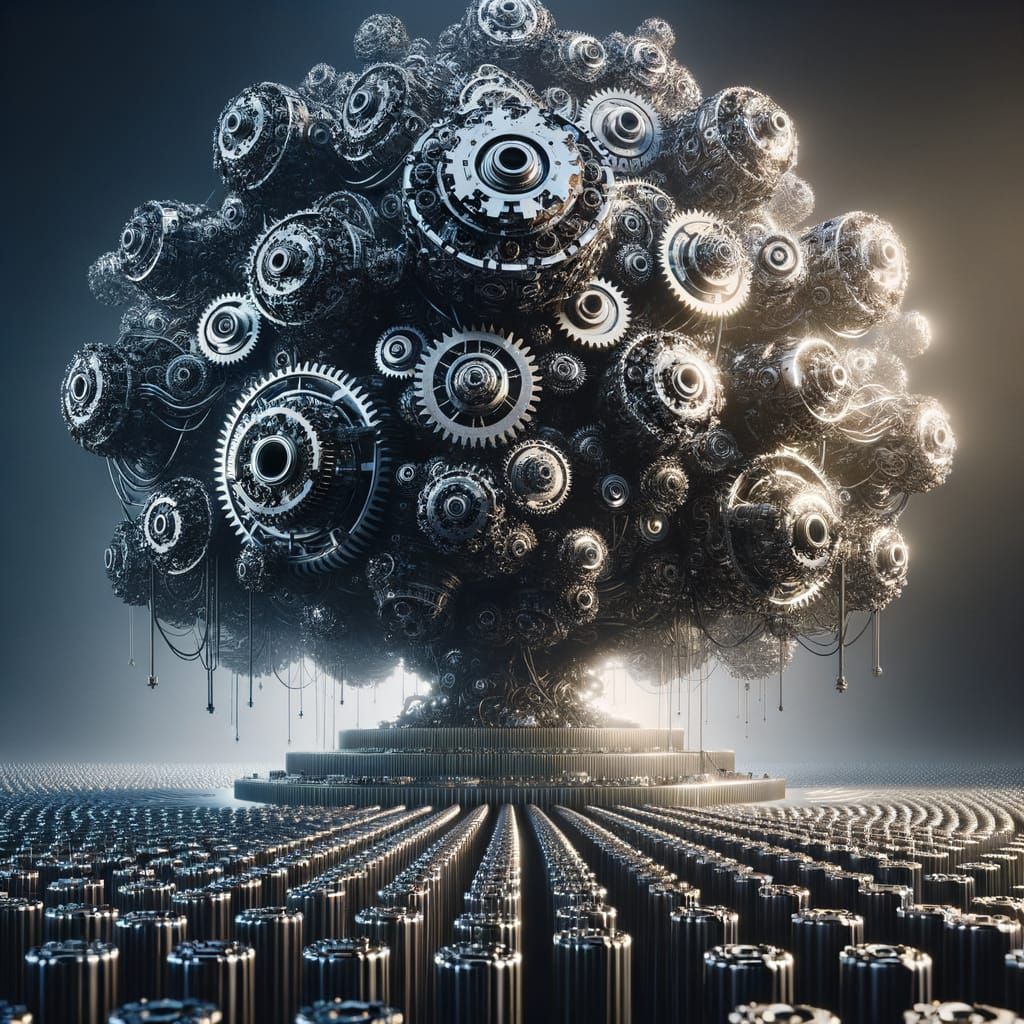 Epic Futuristic Mechanical Bush in Polished Metal and Gears