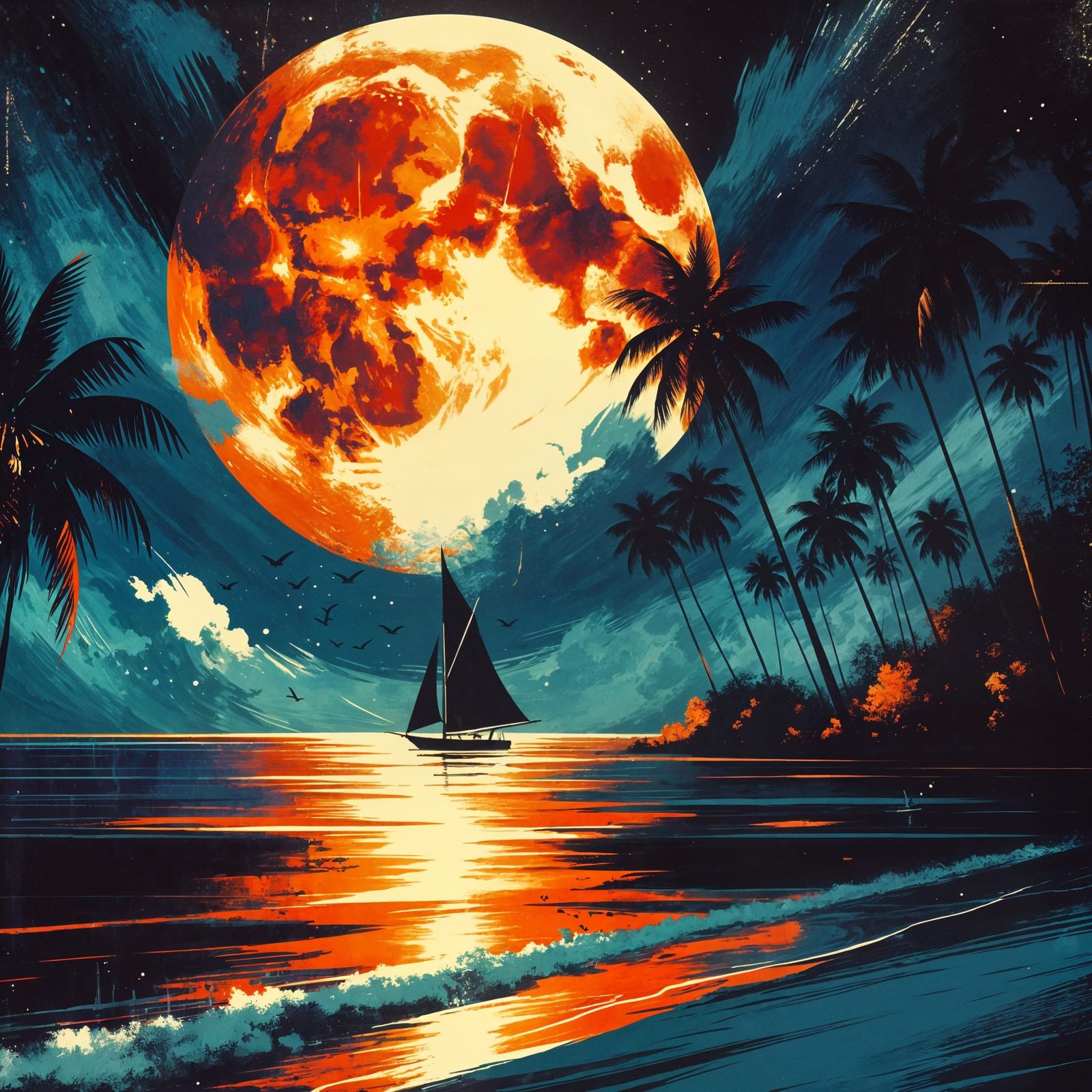 Moonlit Tropical Beach at Night with Palm Trees