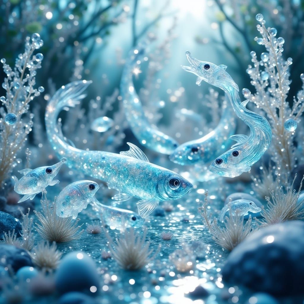 Crystal Fish Swimming in Luminous Surreal Pond