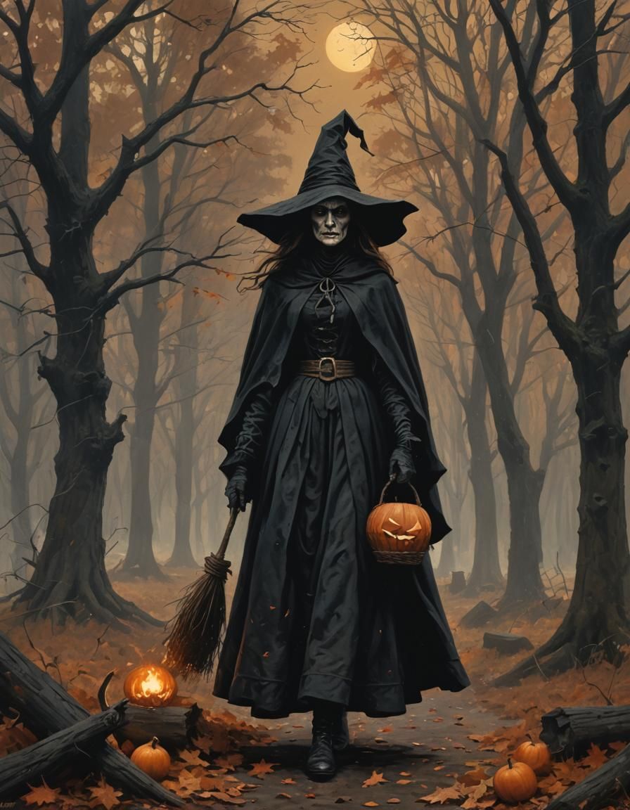 Sinister Autumnal Witch in Dark Folk Style