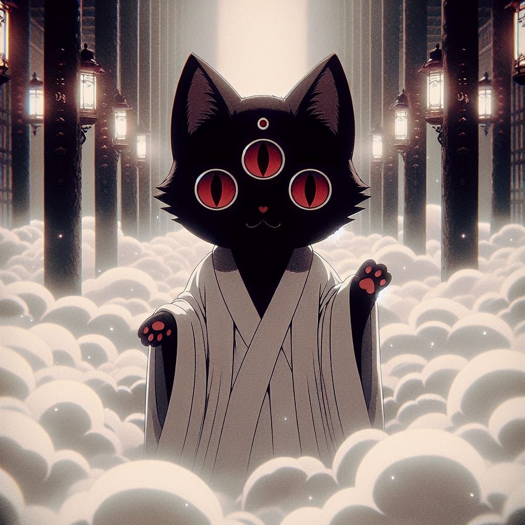 Three-Eyed Cat in White Robe, Manga Style