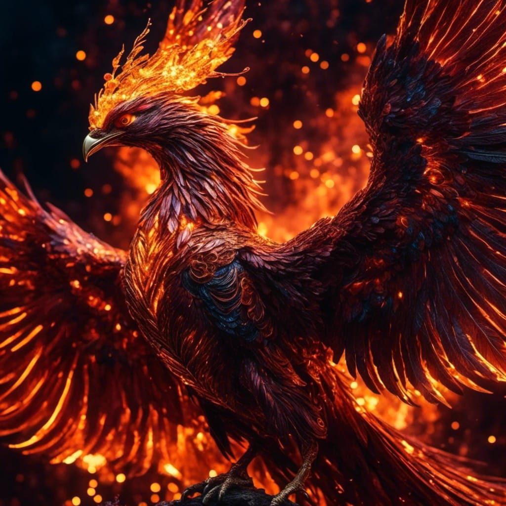 Fiery Phoenix Rising from Ashes in Dark Fantasy Style