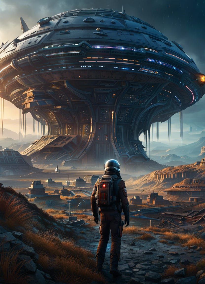 Sci-Fi Spaceship Landing at Frontier Town Edge