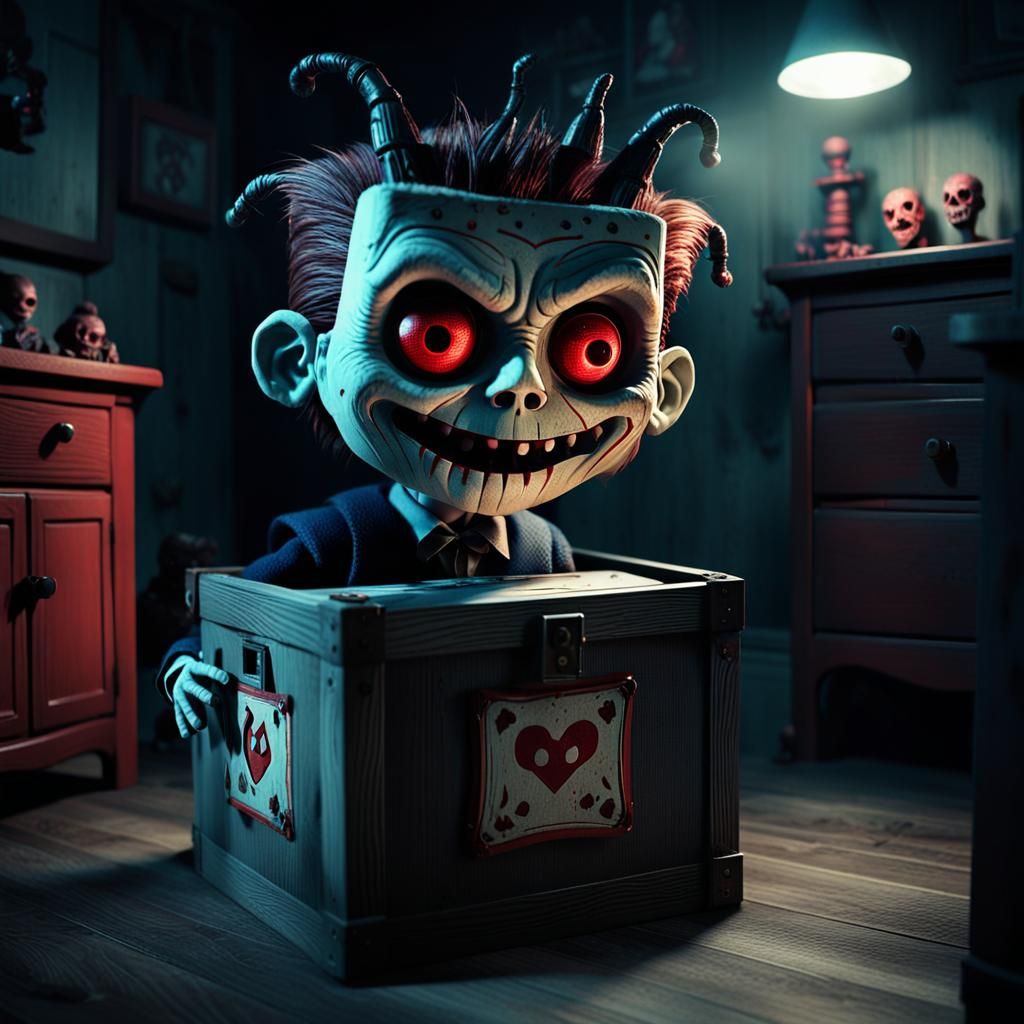 A scary Jack in the box springs from its box on a shelf in the corner of a lovely child's bedroom. It's the night. Jack ...