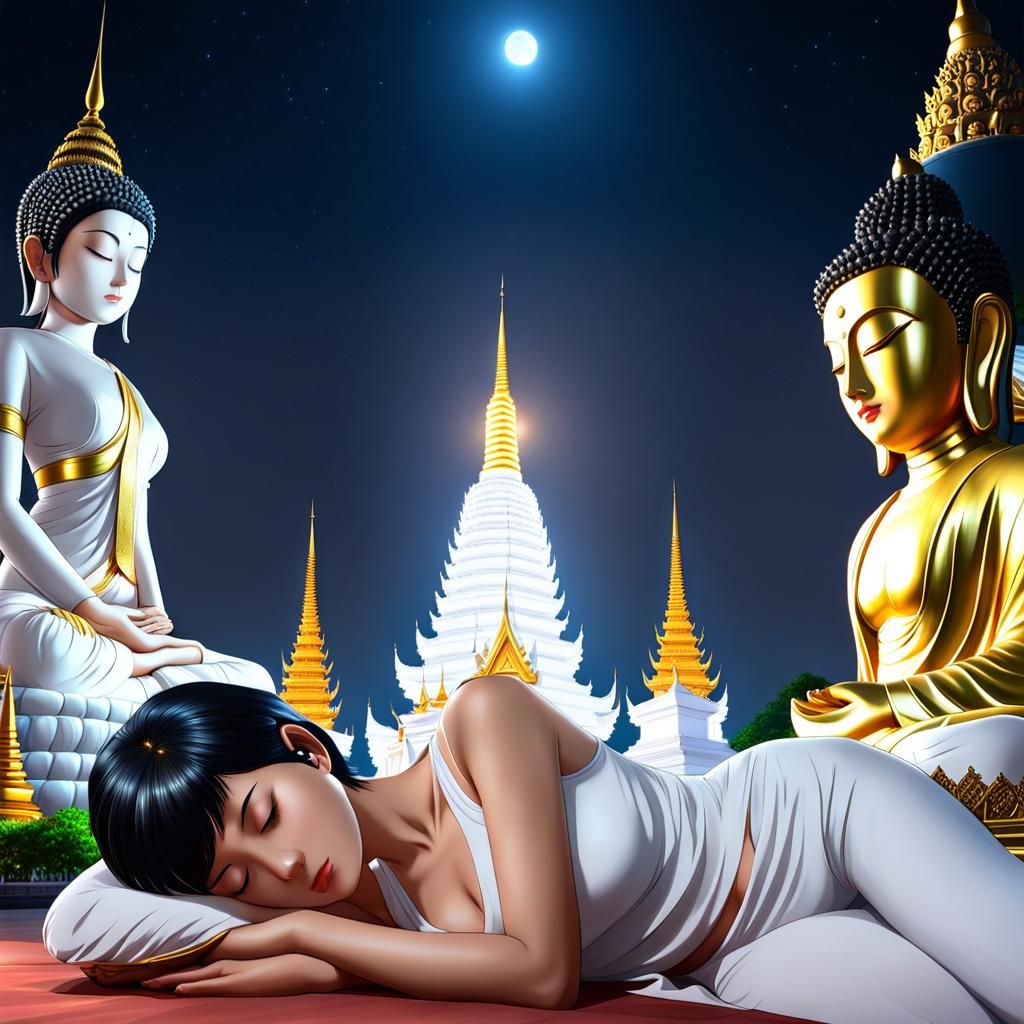 Anime Woman Sleeping at Thailand Temple