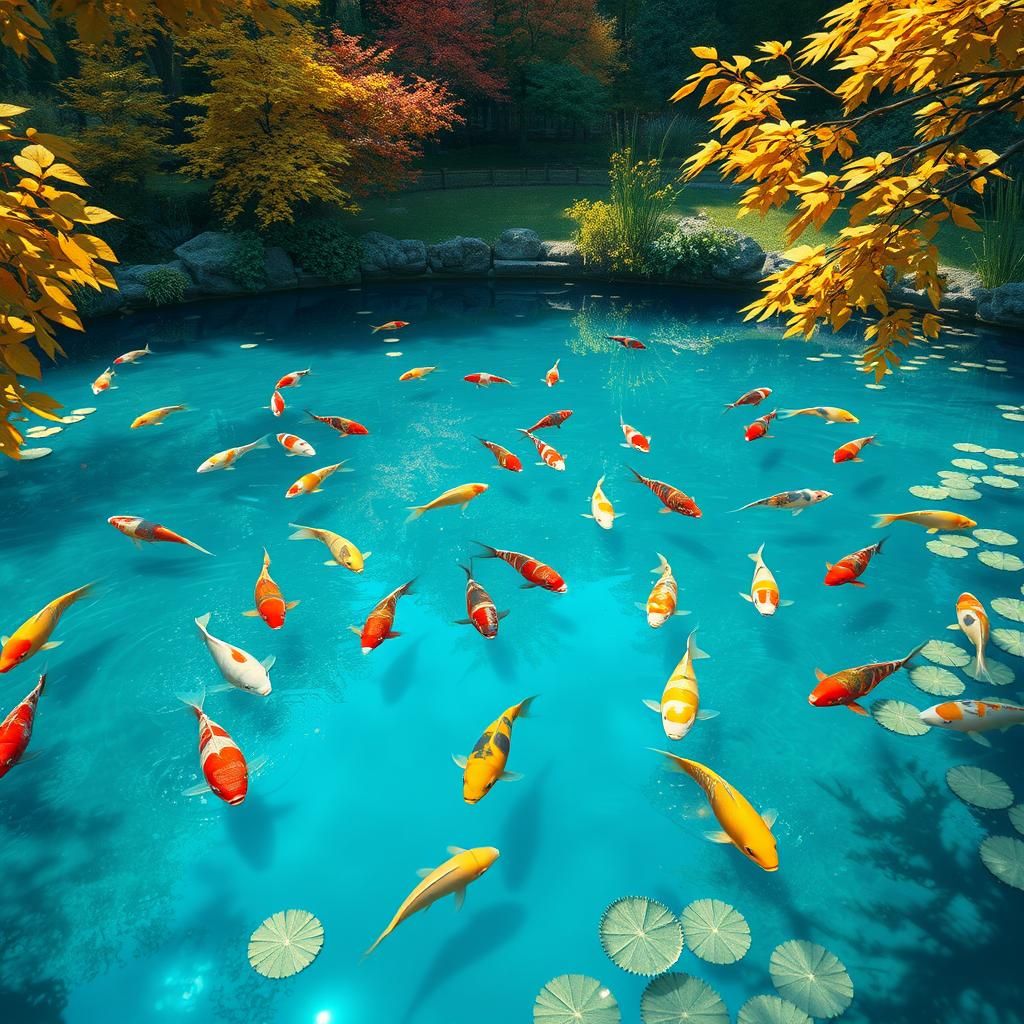 Autumn Pond with Fish: 3D Anime Style