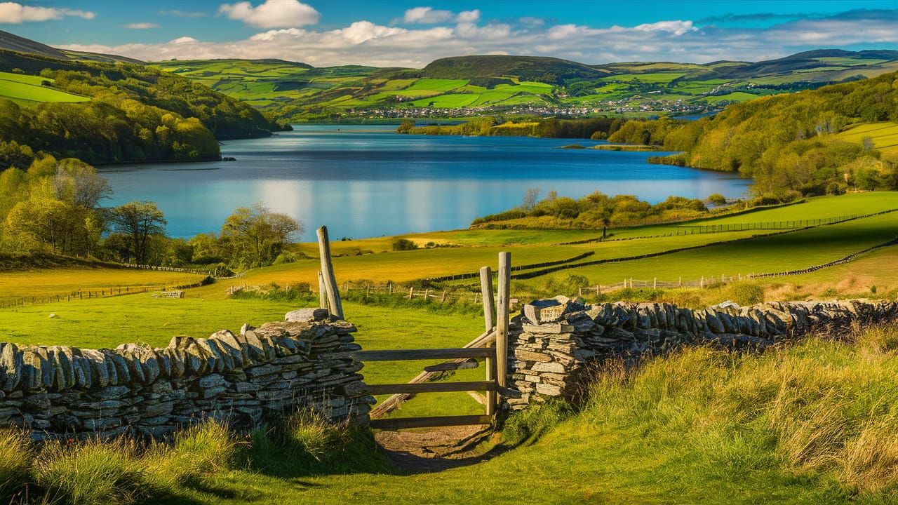 Picturesque Countryside Landscape with Serene Lake