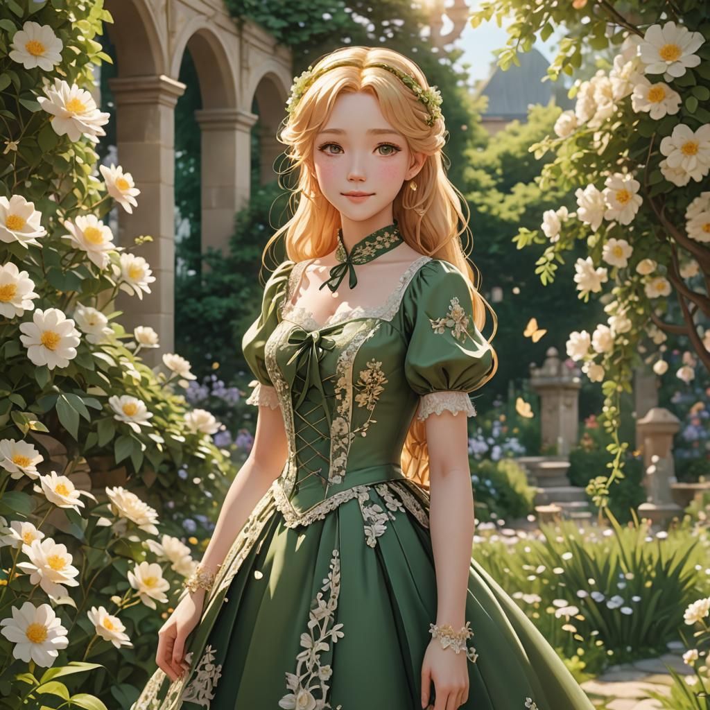 Smiling Anime Princess in Garden, 3D Art