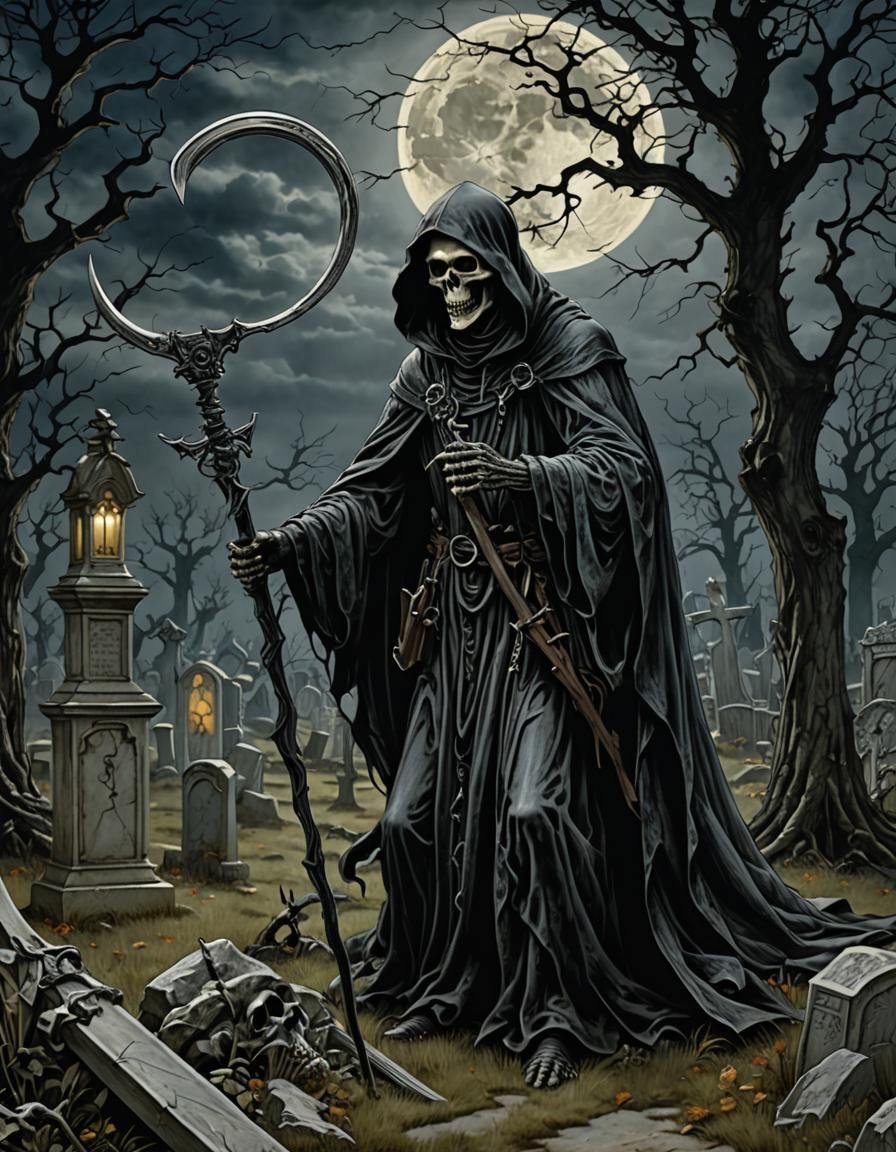 Grim Reaper in Spooky Cemetery, Photorealistic Style