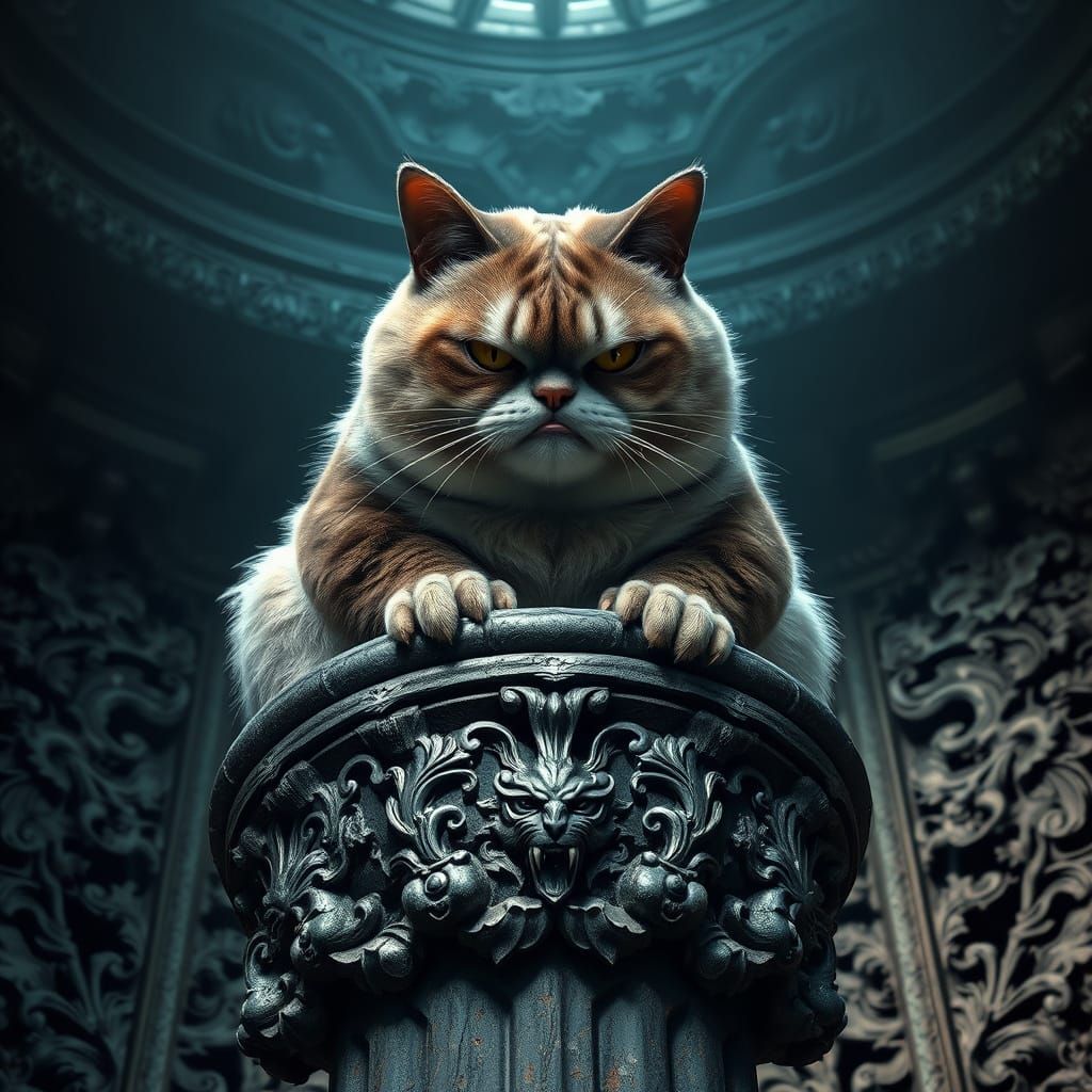 Grumpy cat fat cat snarling cat intricately detailed H.R. Giger baroque shin hanga ambient occlusion Unreal Engine 5 dys...