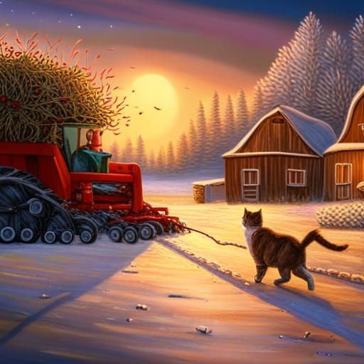 Farmer Cat Driving Plough in Winter Scene