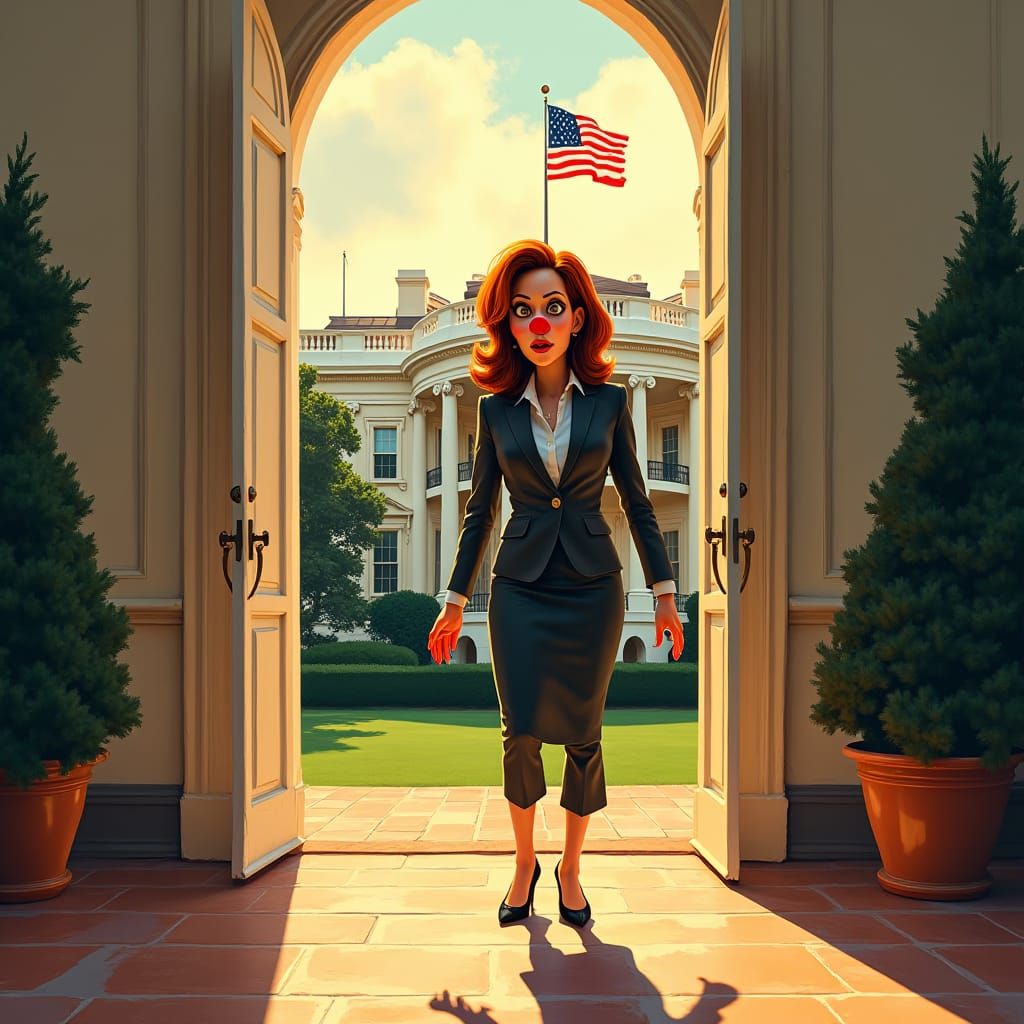 Cartoon Clown Leads Kamala Harris: A Digital Matte Painting
