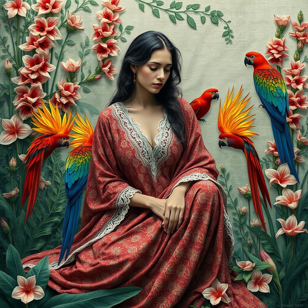 Serene Woman Amidst Fritillaria Tapestry, with Vibrant Parro...