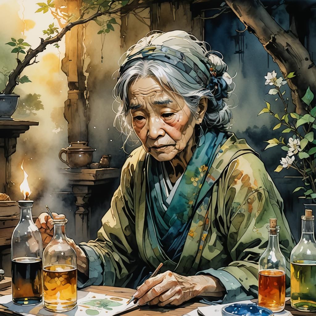 Watercolor Old Woman: Hyperdetailed Dawn Scene