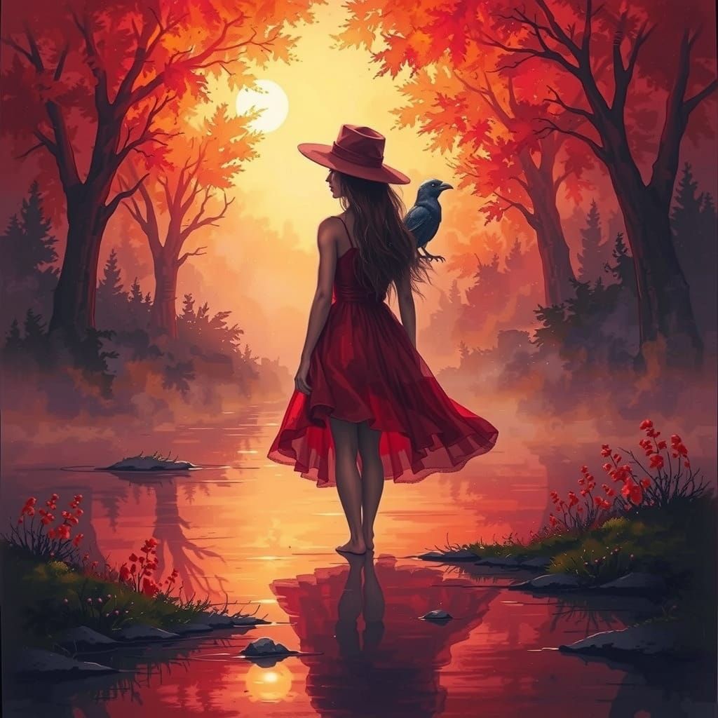 Girl with Jackdaw in Vibrant Ethereal Landscape