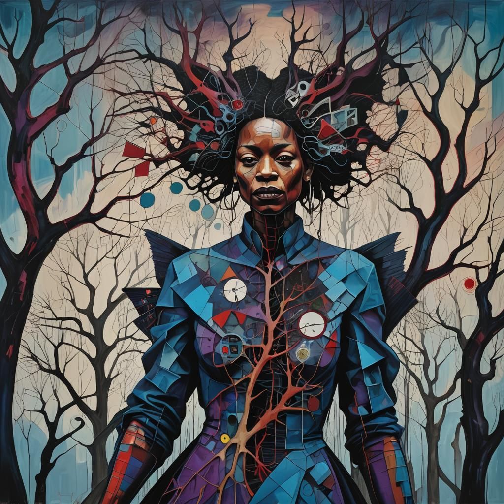 Gothic Woman with Cubist Wings in Surreal Forest