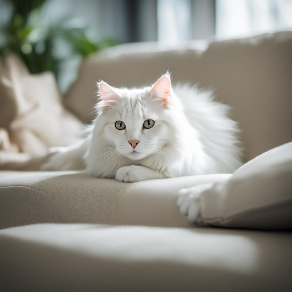 White Cat Lounging: Professional Photography with Bokeh
