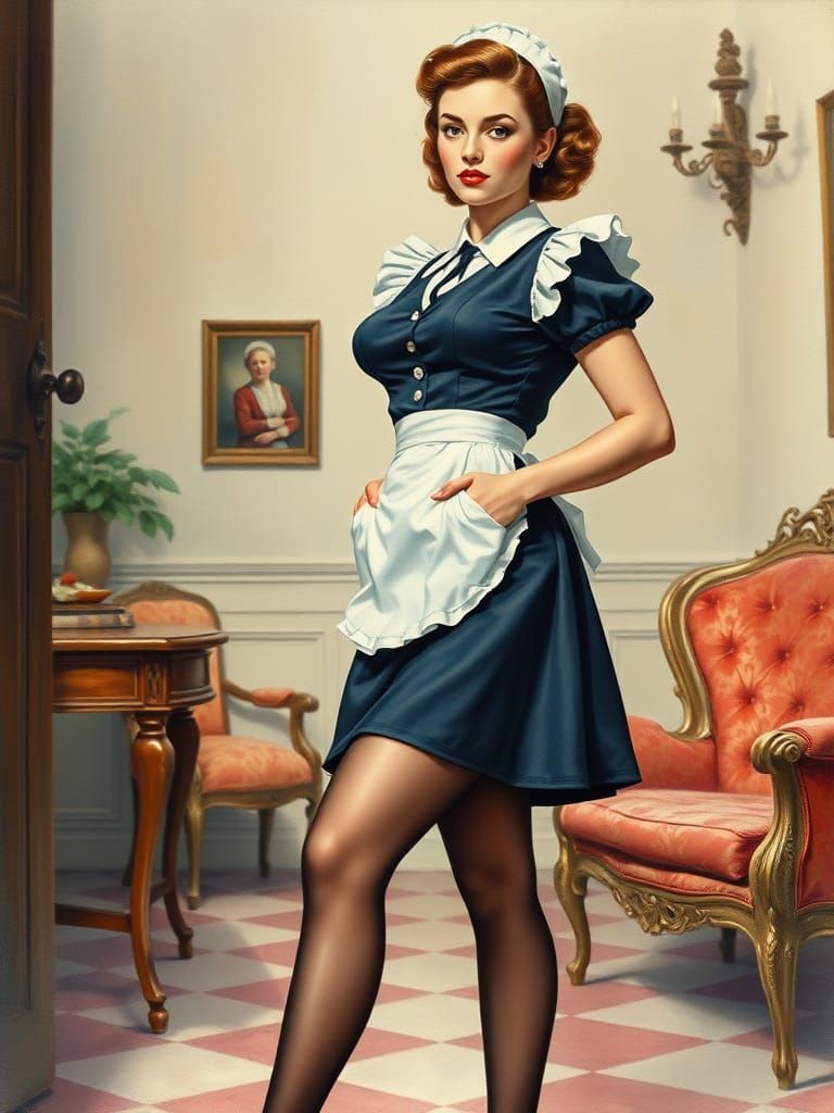 French Maid in Victorian Mansion, Vintage Pin-Up Art