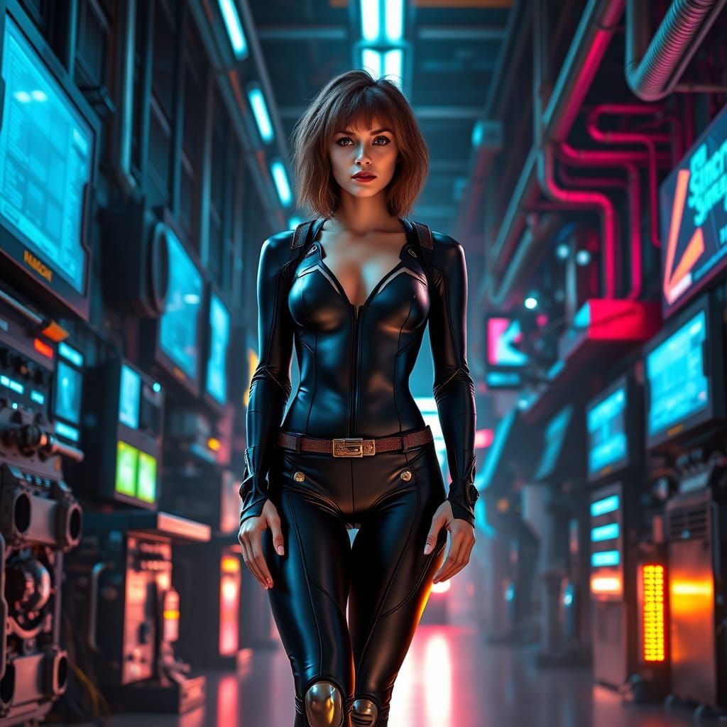 Confident Cyberpunk Woman in High-Tech Black Catsuit