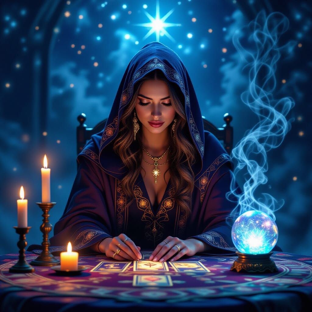 Mysterious Tarot Reader in Dreamy, Ethereal Setting