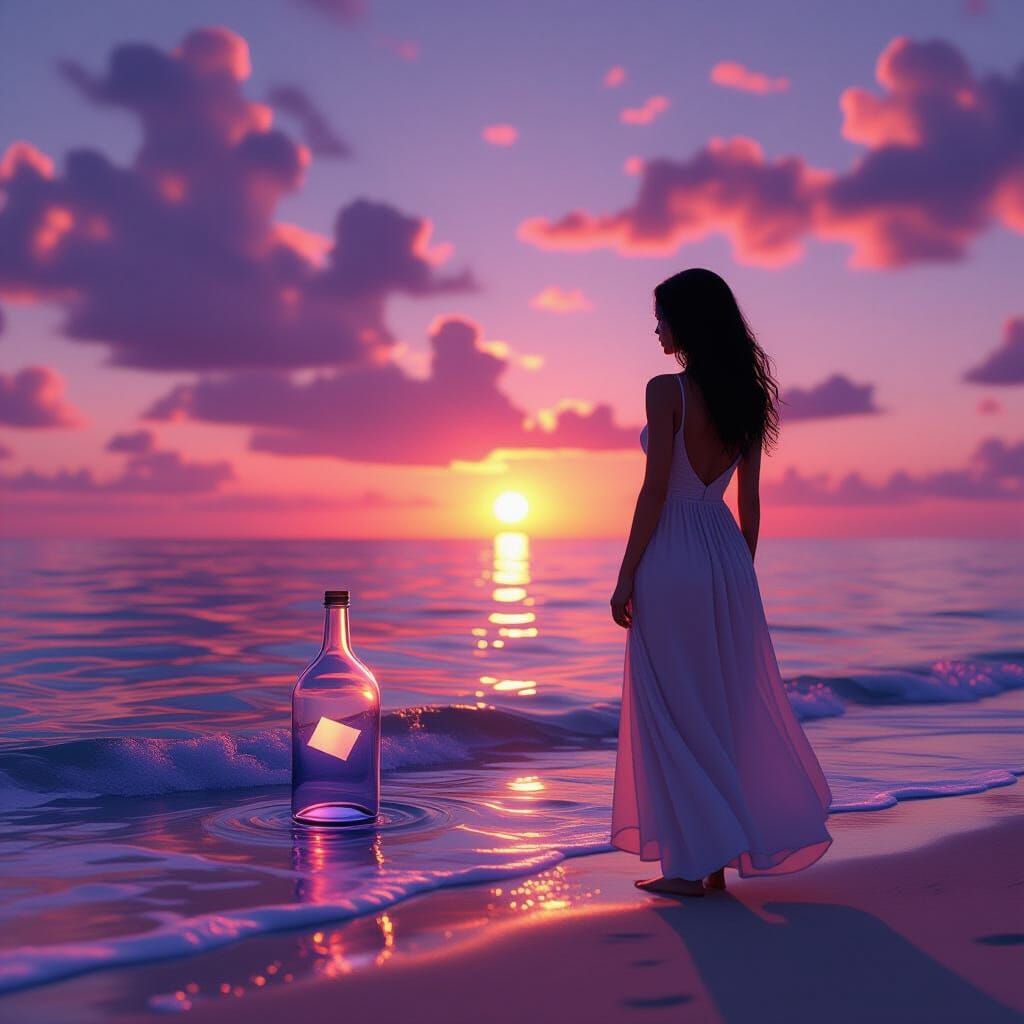 Sunset Beach Scene with Drifting Bottle, 3D Render