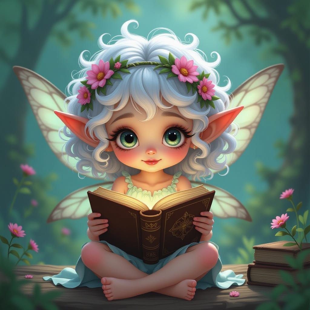 Cute Fairy Reading Ancient Tome in Mystical Light