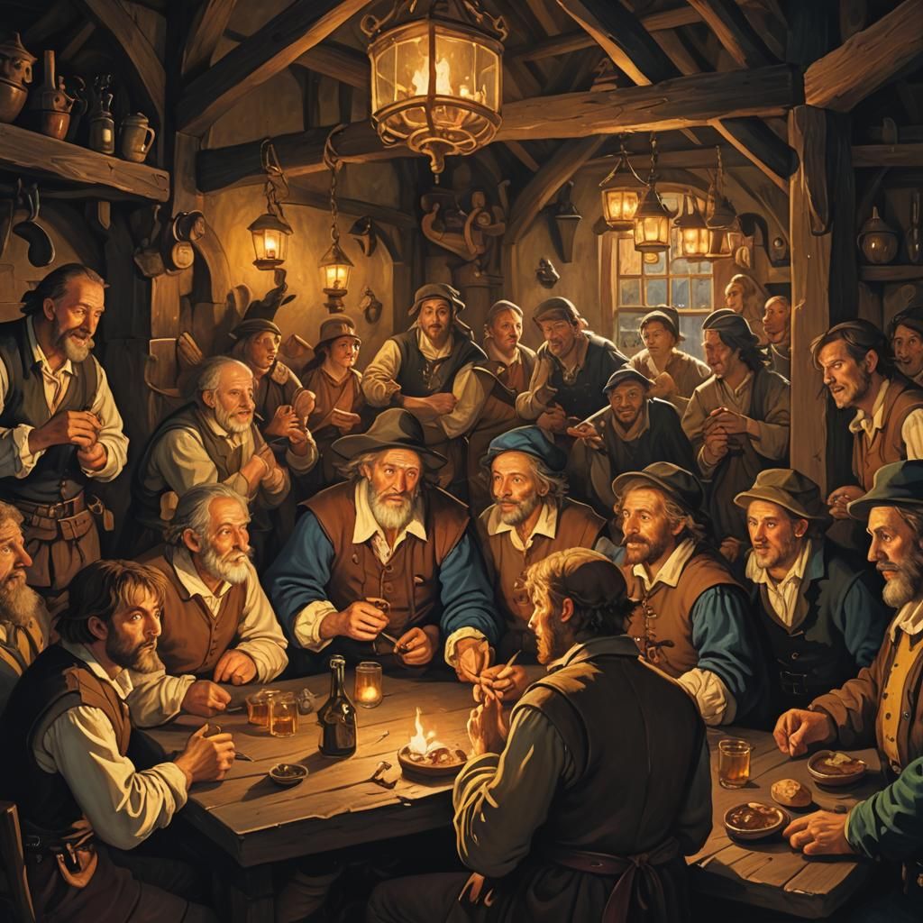 Whimsical Tavern Scene in Warm, Golden Lighting