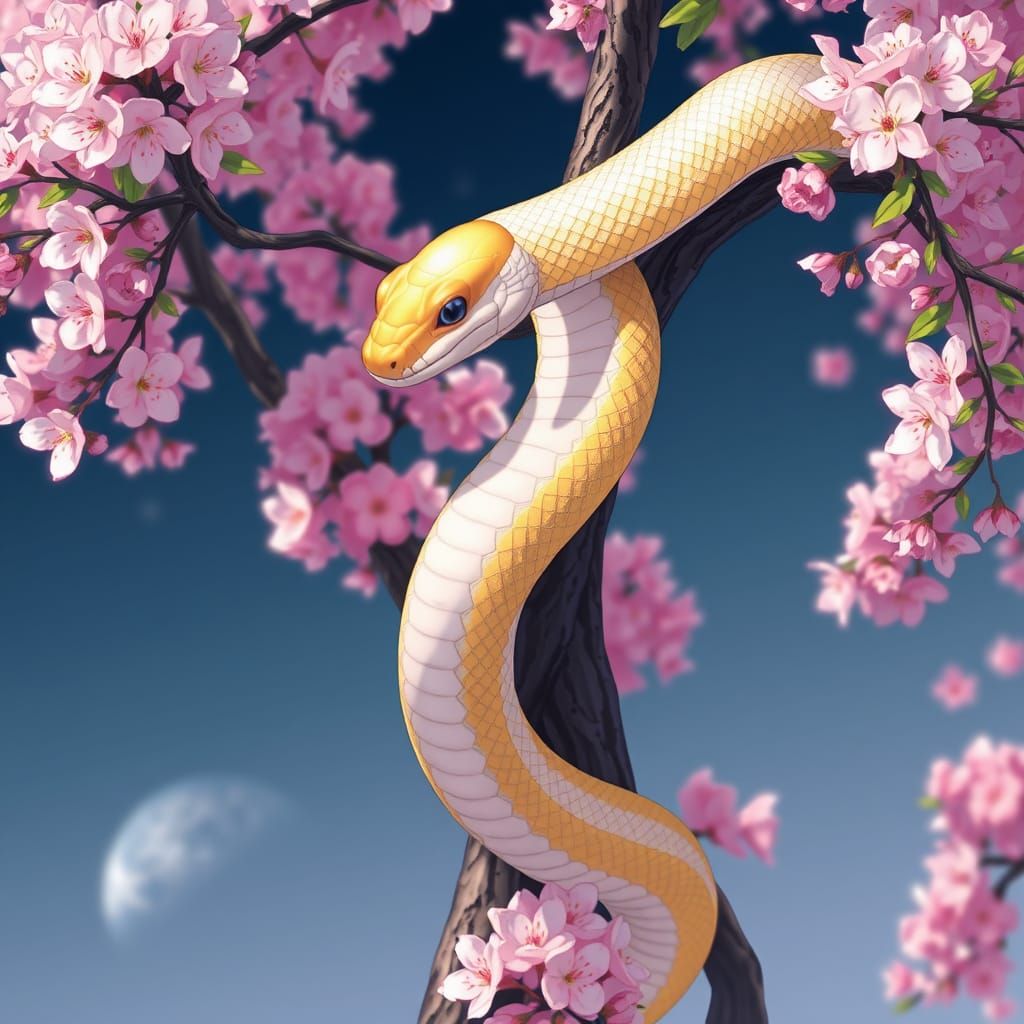 Anime-Inspired Golden Snake Ascends Vibrant Blossom Tree