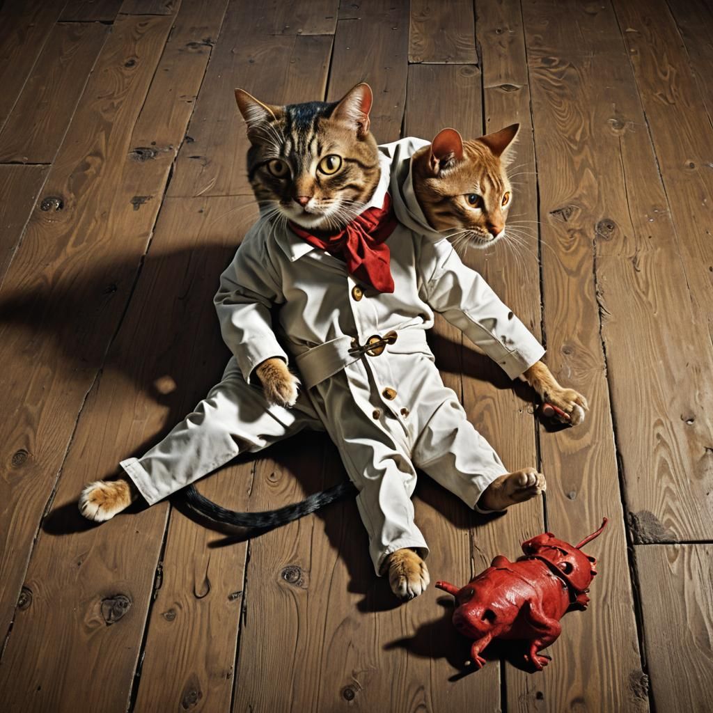Cat in Straitjacket Playing with a Rat in Surreal Style