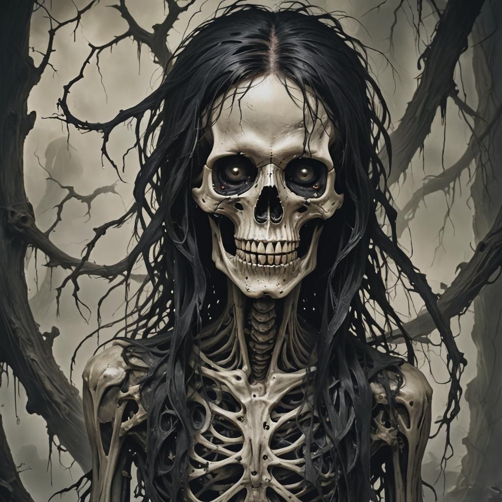 A haunting, skeletal figure with long, tattered hair and a s...