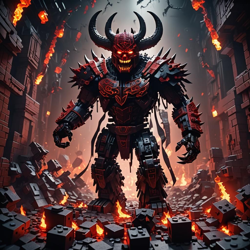 Lego Demon in Fiery Realm: Digital Matte Painting