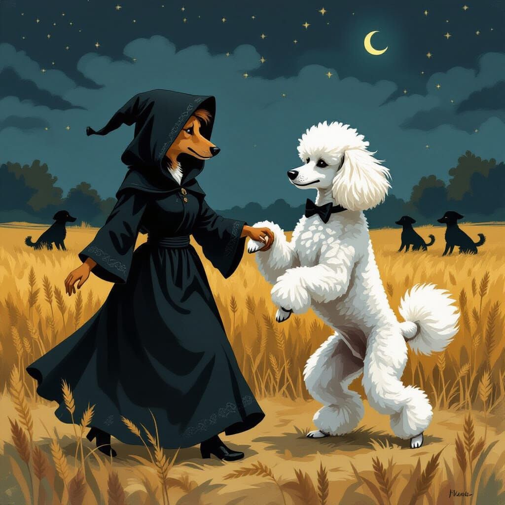 German Shepherd and Poodle Waltzing in Gothic Fantasy Style
