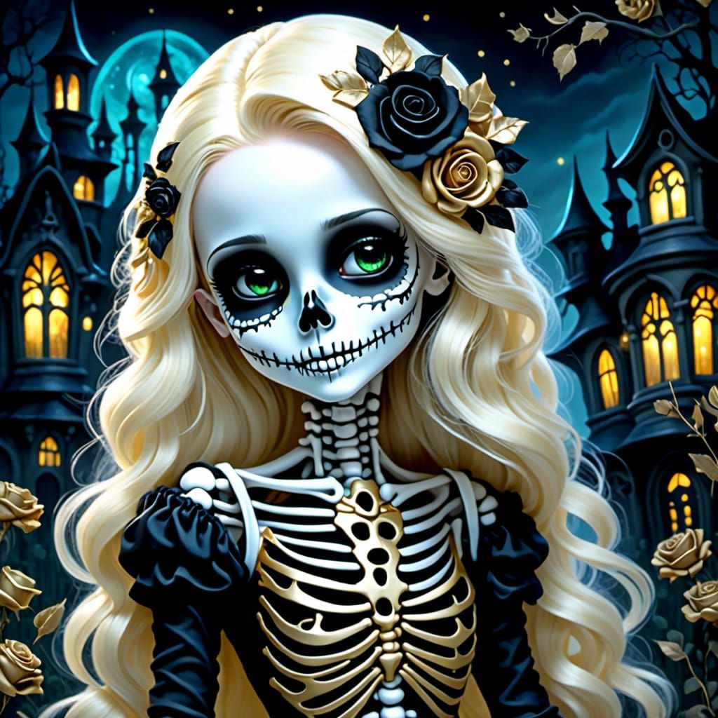 Skeleton Girl with Roses in Scary House