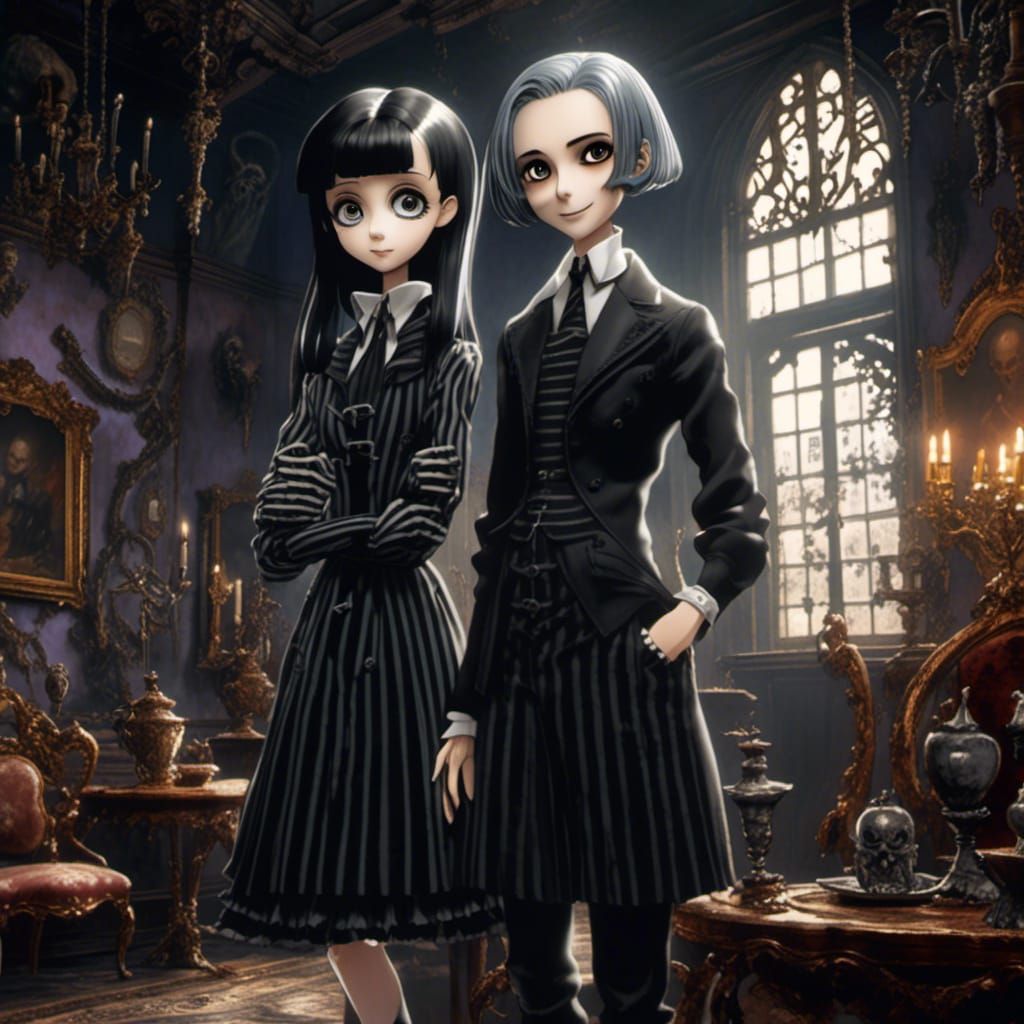 Addams Family in 90s Anime Style Portrait