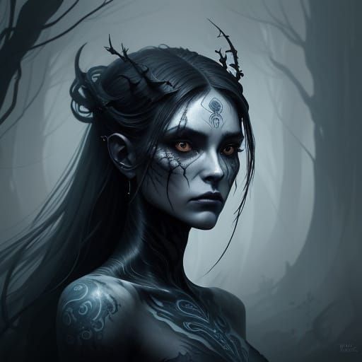 Ethereal Banshee Concept Art with Swirling Tattoos