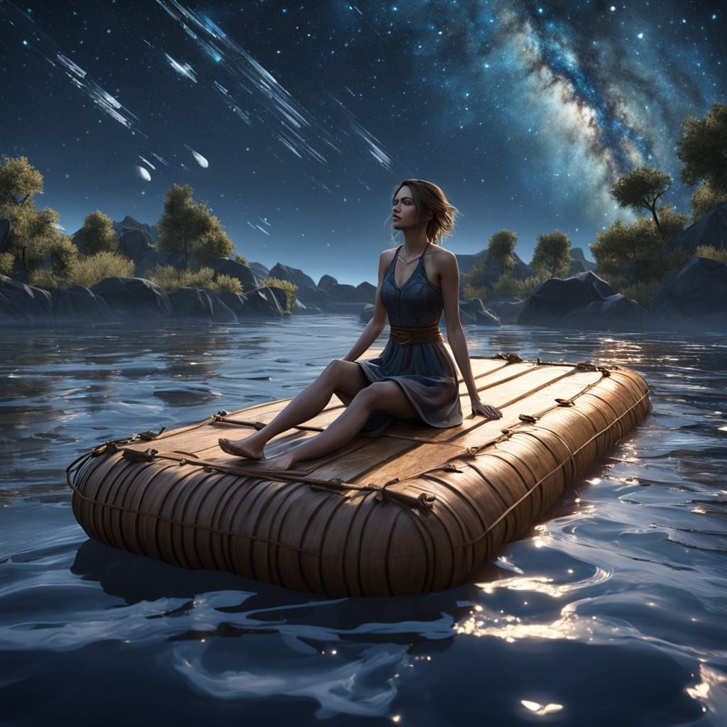 Girl on Raft Gazing at Starry Night: 3D Render