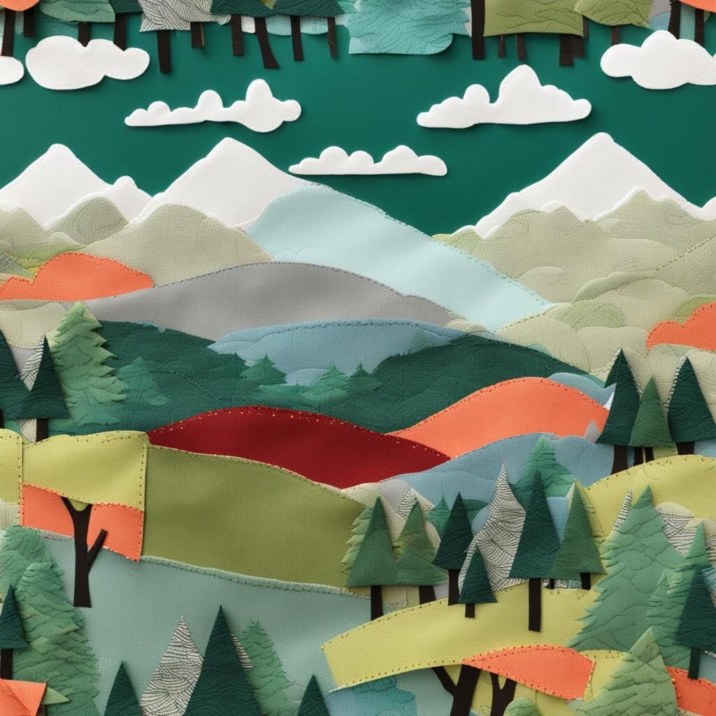 Hand-Stitched Fabric Tapestry of Forest and Mountains